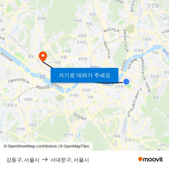 강동구, 서울시 to 서대문구, 서울시 map