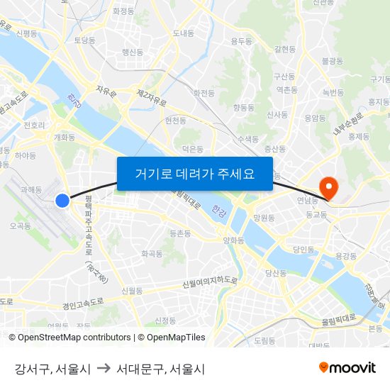 강서구, 서울시 to 서대문구, 서울시 map