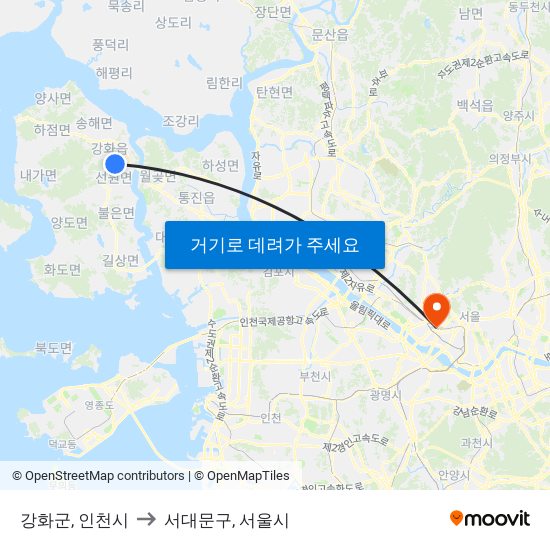 강화군, 인천시 to 서대문구, 서울시 map