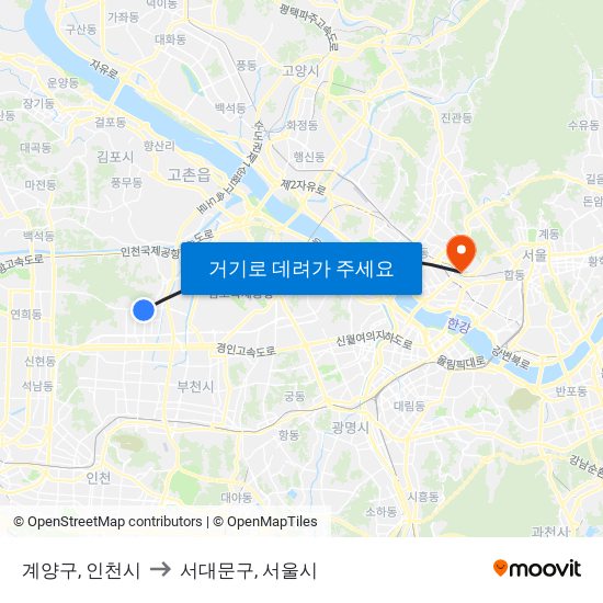 계양구, 인천시 to 서대문구, 서울시 map