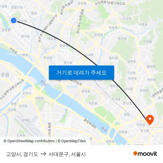 고양시, 경기도 to 서대문구, 서울시 map