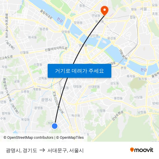 광명시, 경기도 to 서대문구, 서울시 map