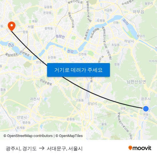 광주시, 경기도 to 서대문구, 서울시 map