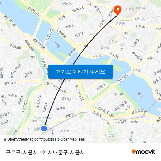 구로구, 서울시 to 서대문구, 서울시 map