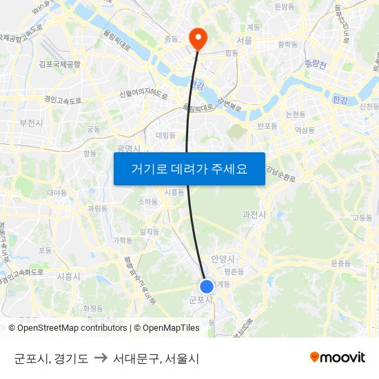 군포시, 경기도 to 서대문구, 서울시 map
