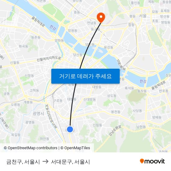 금천구, 서울시 to 서대문구, 서울시 map