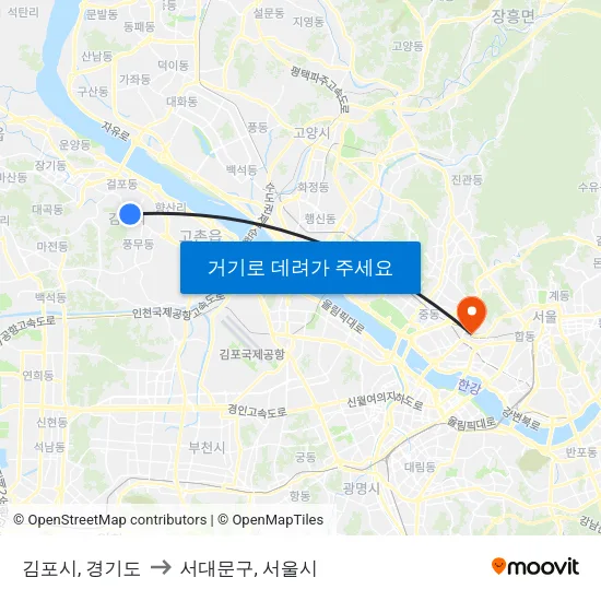 김포시, 경기도 to 서대문구, 서울시 map