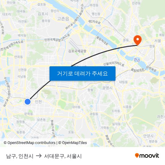 남구, 인천시 to 서대문구, 서울시 map