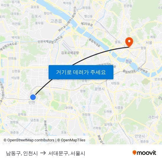 남동구, 인천시 to 서대문구, 서울시 map