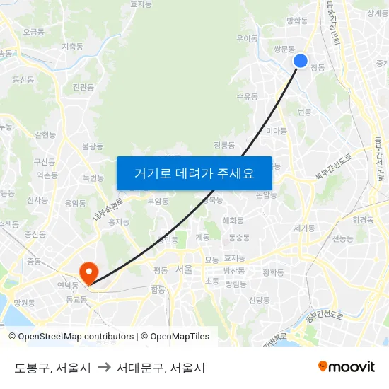 도봉구, 서울시 to 서대문구, 서울시 map