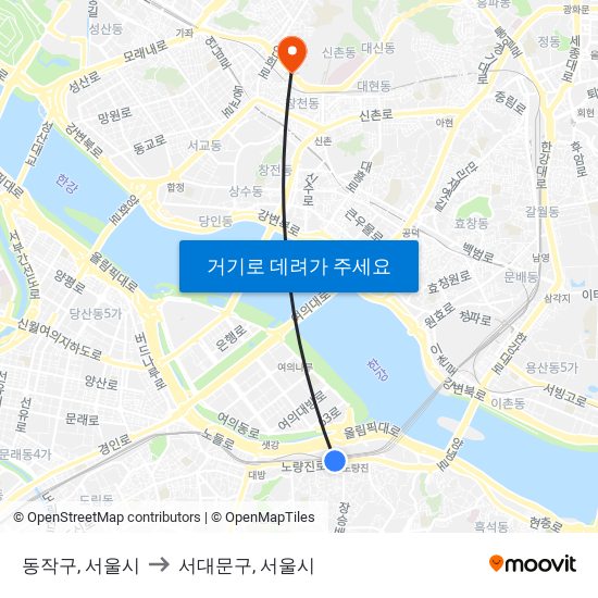 동작구, 서울시 to 서대문구, 서울시 map