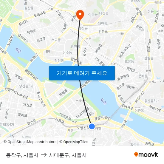 동작구, 서울시 to 서대문구, 서울시 map