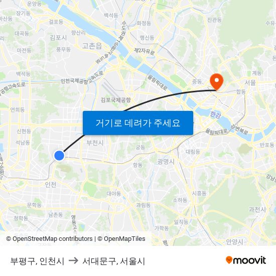 부평구, 인천시 to 서대문구, 서울시 map