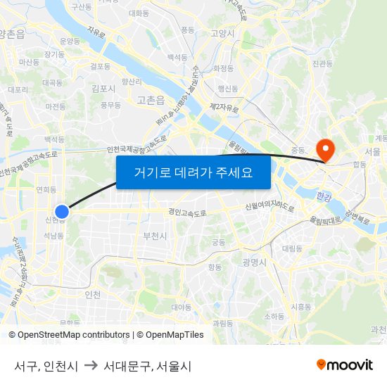 서구, 인천시 to 서대문구, 서울시 map