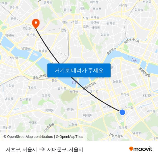 서초구, 서울시 to 서대문구, 서울시 map