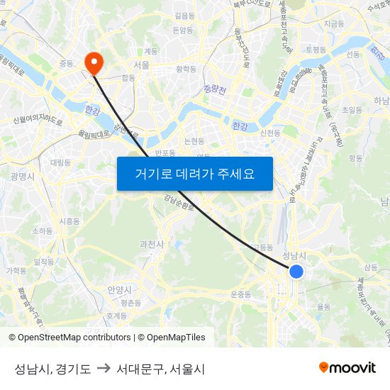 성남시, 경기도 to 서대문구, 서울시 map