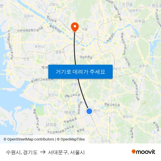 수원시, 경기도 to 서대문구, 서울시 map