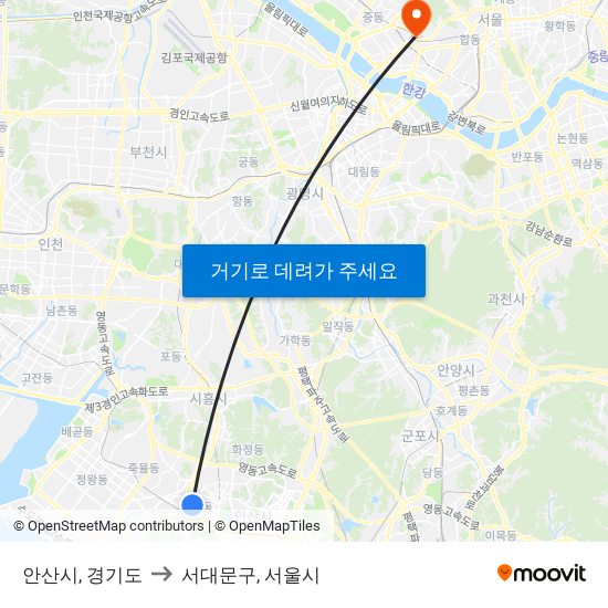 안산시, 경기도 to 서대문구, 서울시 map