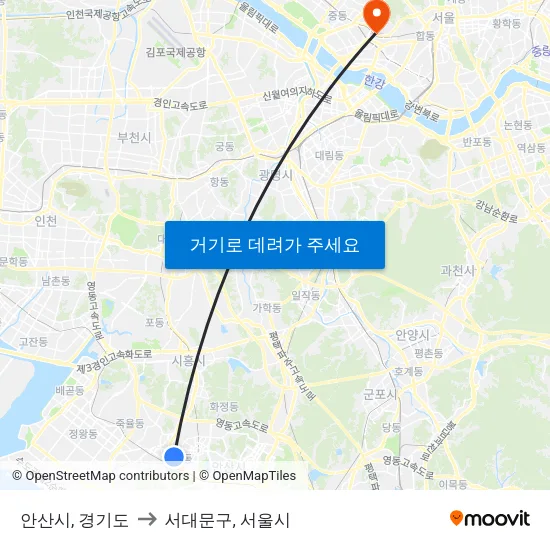 안산시, 경기도 to 서대문구, 서울시 map