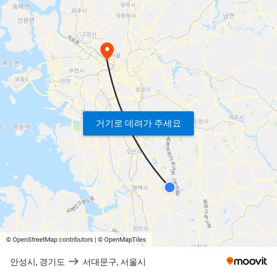 안성시, 경기도 to 서대문구, 서울시 map