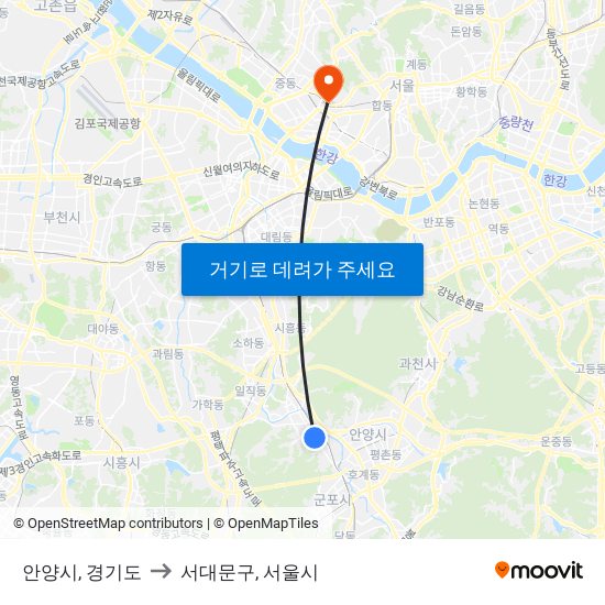 안양시, 경기도 to 서대문구, 서울시 map