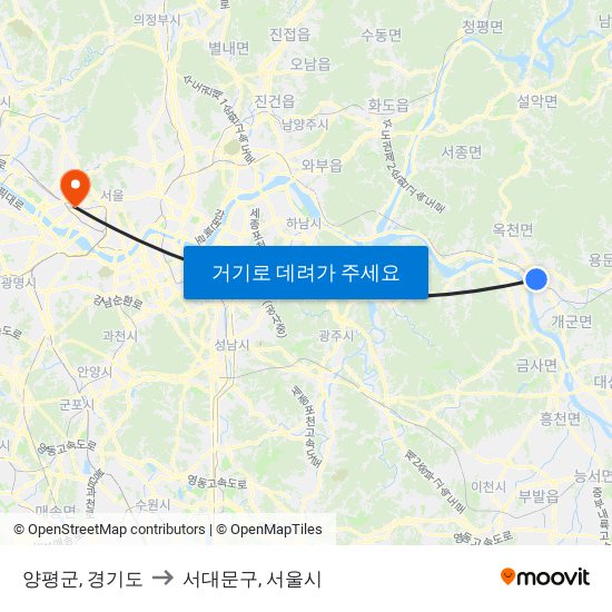 양평군, 경기도 to 서대문구, 서울시 map