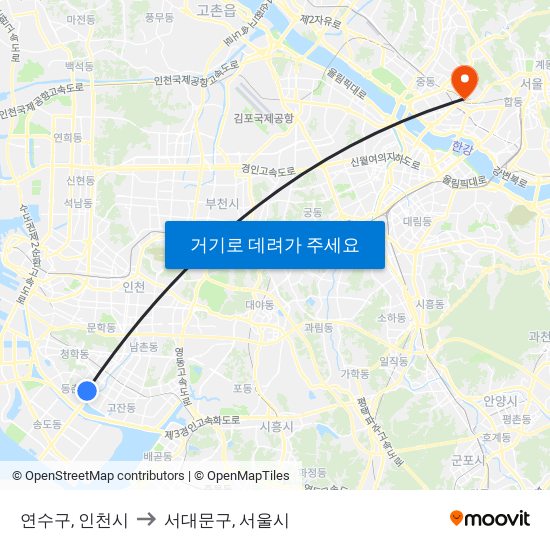 연수구, 인천시 to 서대문구, 서울시 map