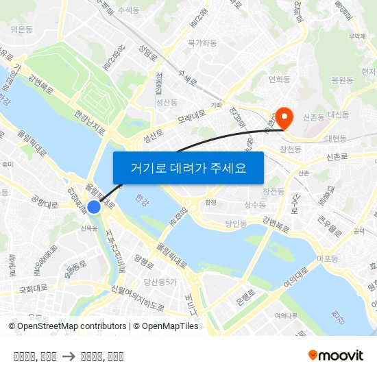 영등포구, 서울시 to 서대문구, 서울시 map