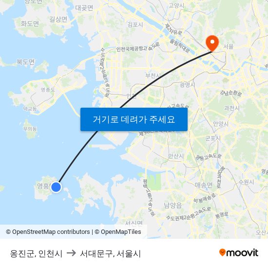 옹진군, 인천시 to 서대문구, 서울시 map