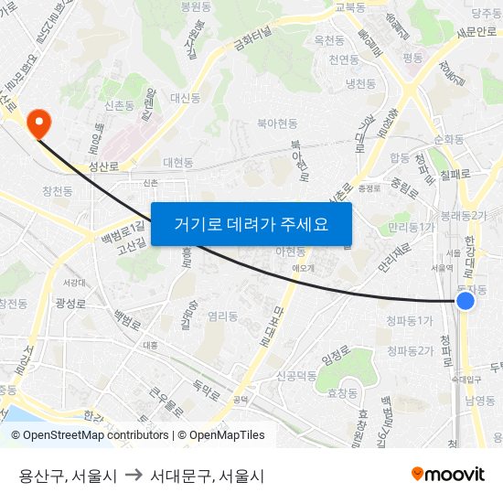 용산구, 서울시 to 서대문구, 서울시 map