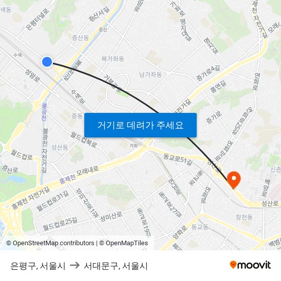 은평구, 서울시 to 서대문구, 서울시 map