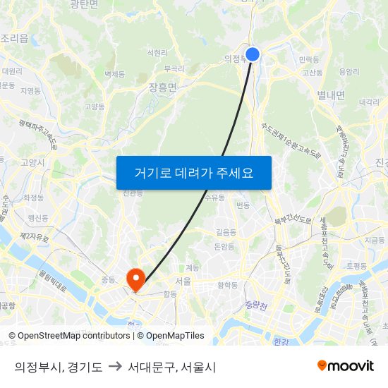 의정부시, 경기도 to 서대문구, 서울시 map