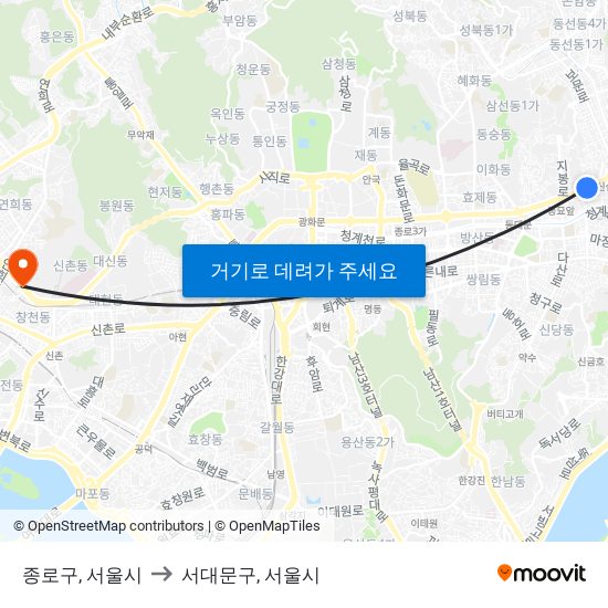 종로구, 서울시 to 서대문구, 서울시 map