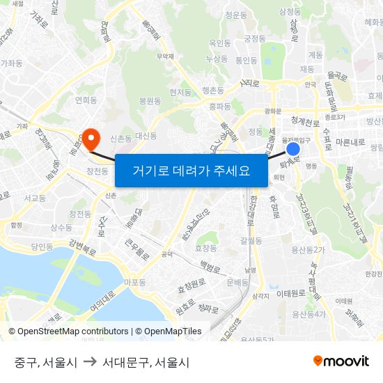 중구, 서울시 to 서대문구, 서울시 map