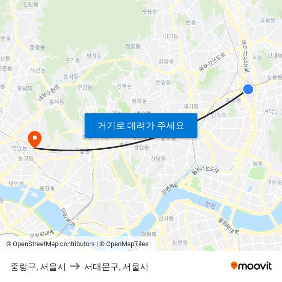 중랑구, 서울시 to 서대문구, 서울시 map