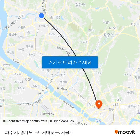 파주시, 경기도 to 서대문구, 서울시 map