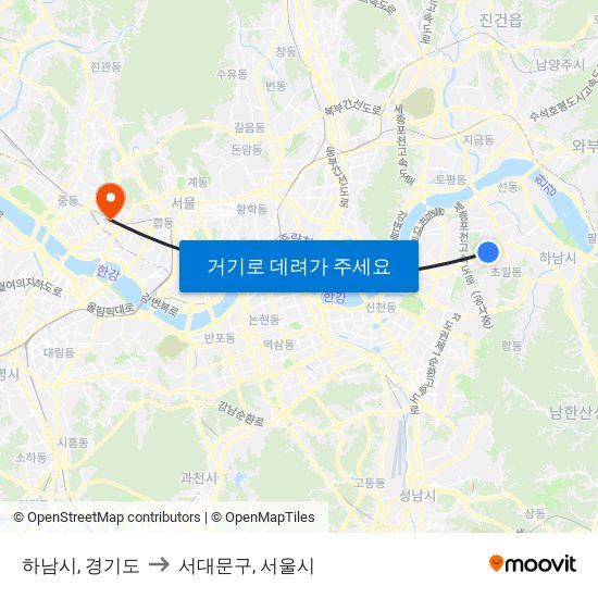 하남시, 경기도 to 서대문구, 서울시 map