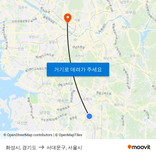 화성시, 경기도 to 서대문구, 서울시 map