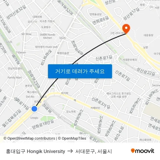 홍대입구 Hongik University to 서대문구, 서울시 map
