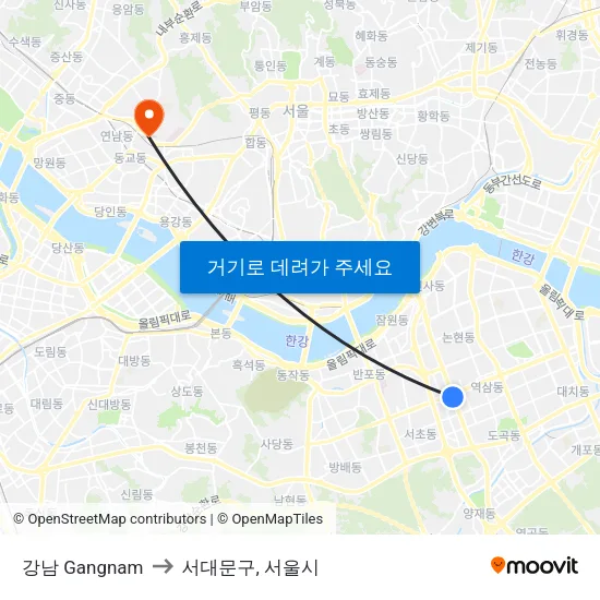강남 Gangnam to 서대문구, 서울시 map
