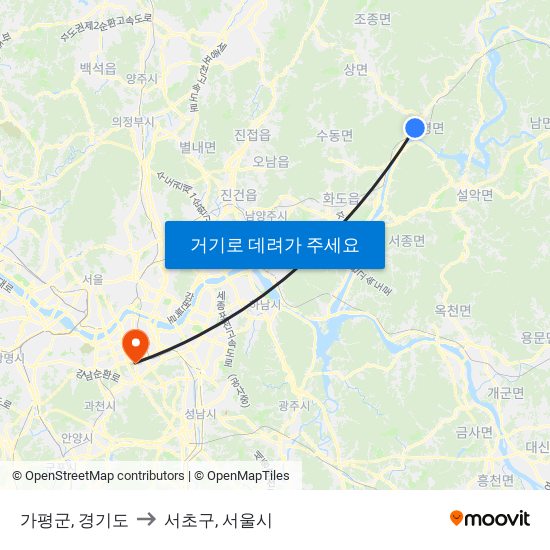 가평군, 경기도 to 서초구, 서울시 map