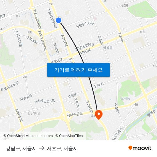 강남구, 서울시 to 서초구, 서울시 map