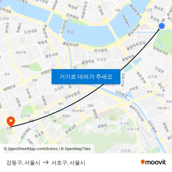 강동구, 서울시 to 서초구, 서울시 map