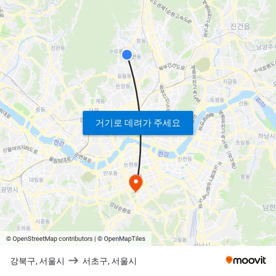 강북구, 서울시 to 서초구, 서울시 map