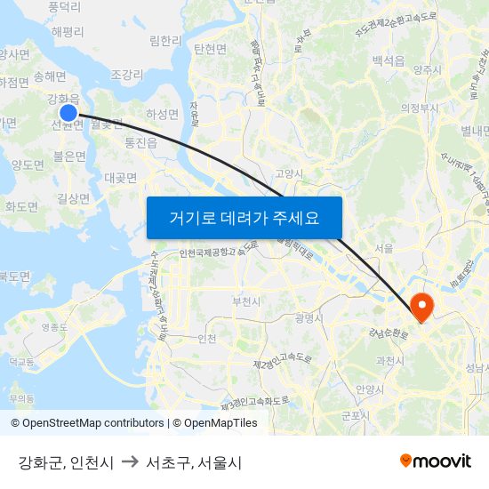 강화군, 인천시 to 서초구, 서울시 map