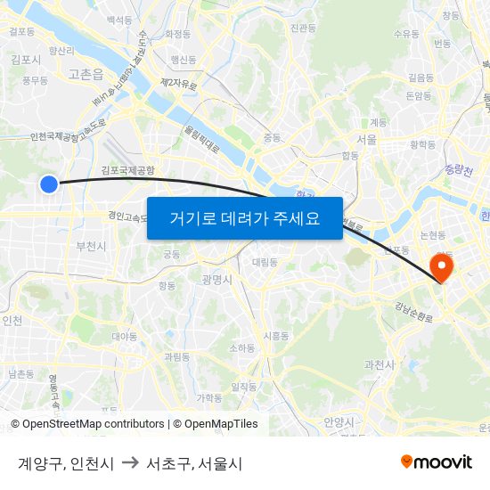 계양구, 인천시 to 서초구, 서울시 map