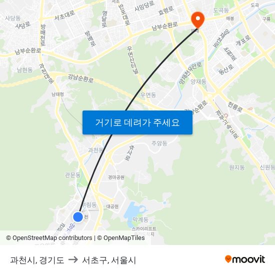 과천시, 경기도 to 서초구, 서울시 map