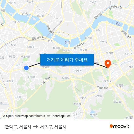 관악구, 서울시 to 서초구, 서울시 map