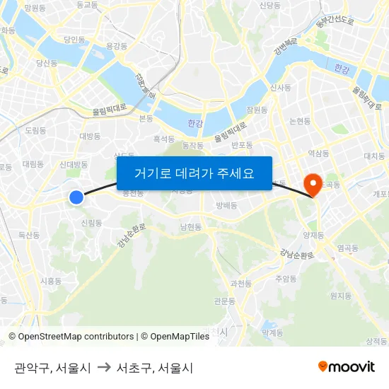 관악구, 서울시 to 서초구, 서울시 map
