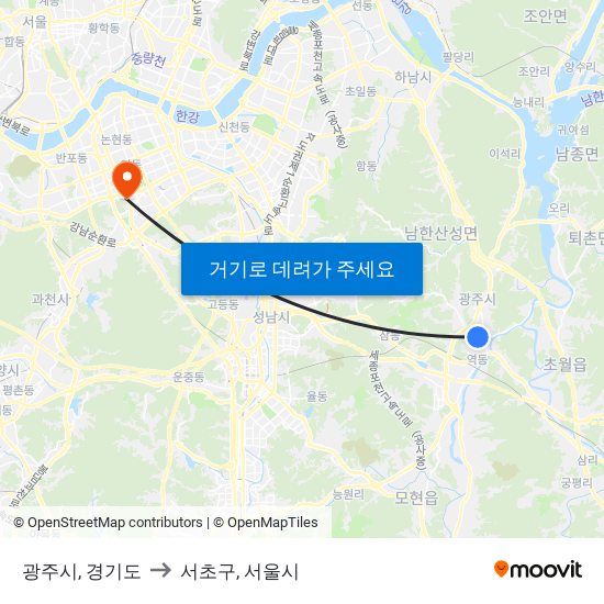 광주시, 경기도 to 서초구, 서울시 map